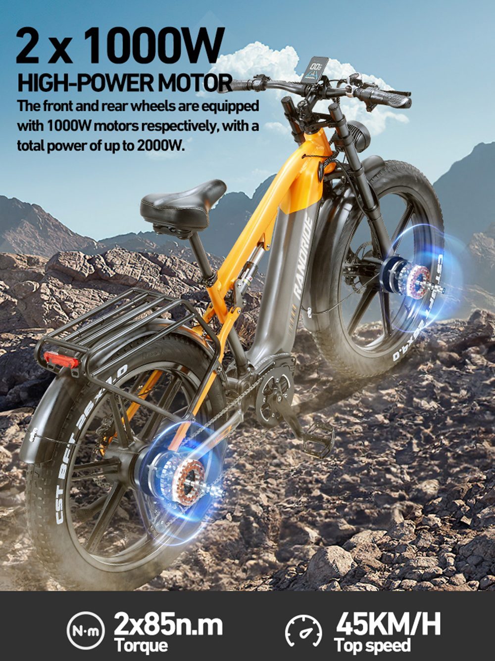 Elektrobicykel RANDRIDE YX80M-2, 1000W*2 motor, 48V 20Ah batéria, 26*4.0 palcové pneumatiky, max. rýchlosť 45 km/h, dvojkotúčové brzdy, plné odpruženie, 7-rýchlostný prevod Shimano