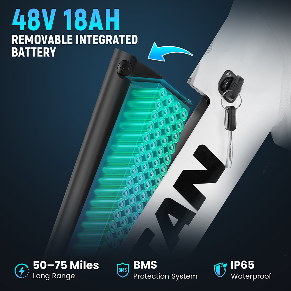 V&eacute;lo &eacute;lectrique RATTAN LF Pro, moteur 750 W, batterie 48 V 18 Ah, vitesse 25 km/h, angle d'inclinaison maximal de 40&deg;, autonomie de 120 km, &eacute;tanch&eacute;it&eacute; IP65 - Blanc