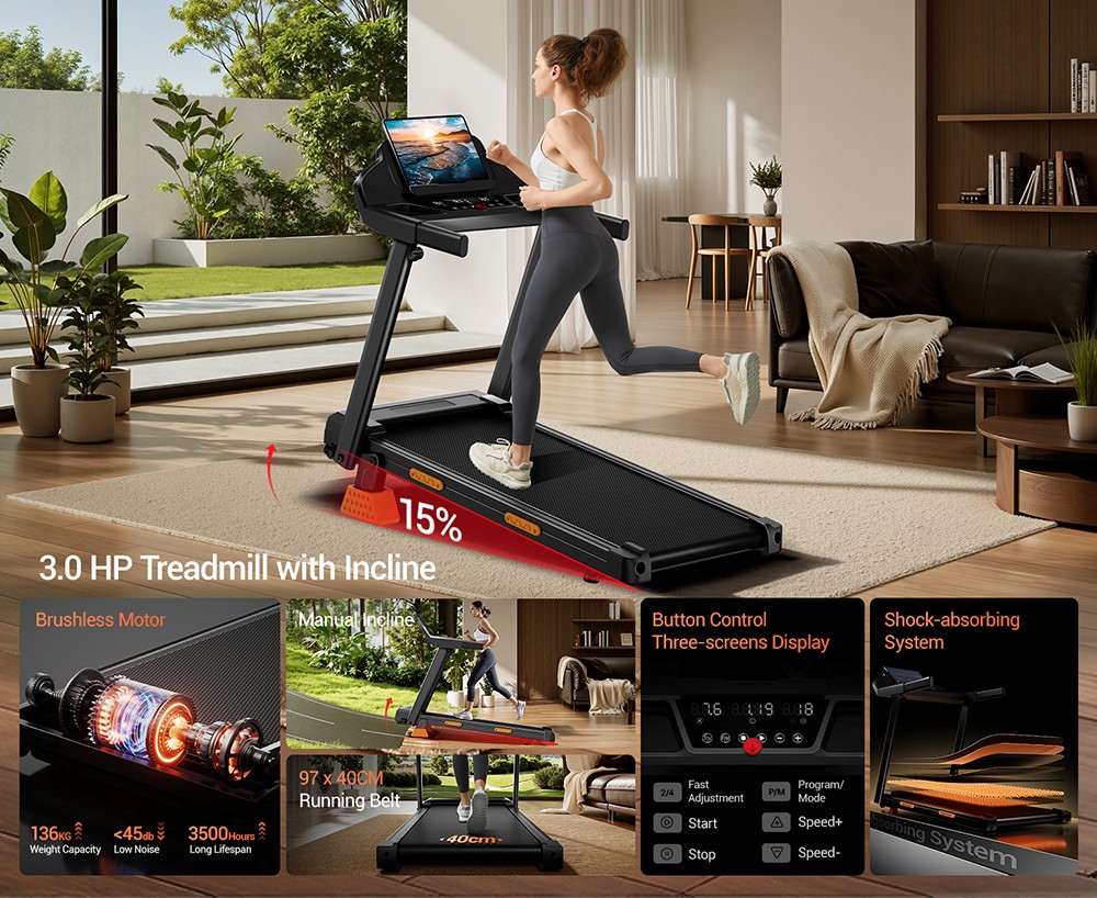 ROBORE SF20 Foldable Treadmill with 15% Incline, 12km/h Speed, 136kg Max Load, 3.0HP Quiet Brushless Motor, 97&times;40cm Running Belt, Triple Shock Absorption, 7-Layer Cushion