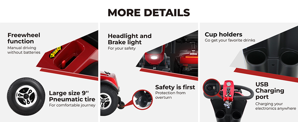 Scooter de mobilit&eacute; Sweetrich Max Plus, moteur 300 W, batterie 24 V 20 Ah, pneus 9 pouces, vitesse maximale 6 km/h, autonomie 25 km - Rouge