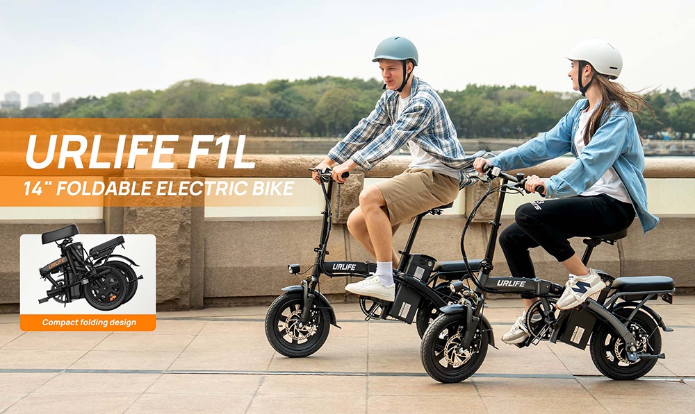 URLIFE F1L Skladací elektrický bicykel, 250W motor, 48V 7.5Ah batéria, 14 palcové pneumatiky, max. rýchlosť 25km/h, dojazd 60km, kotúčové brzdy, predný & stredový tlmič, LCD displej - čierny