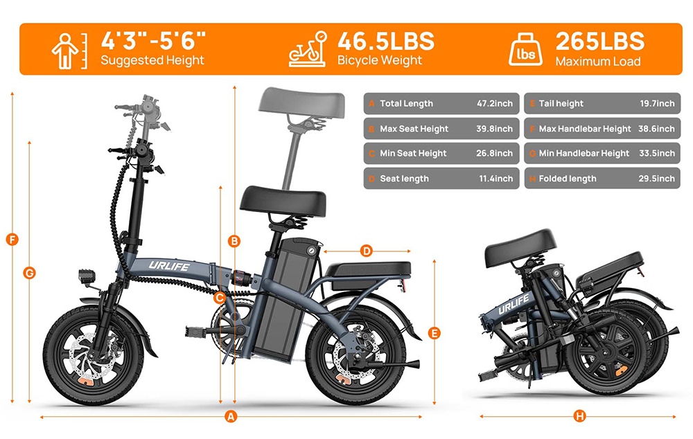 URLIFE F1L Skladací elektrický bicykel, 250W motor, 48V 7,5Ah batéria, 14 palcové pneumatiky, max. rýchlosť 25km/h, dojazd 60km, kotúčové brzdy, predný & stredový tlmič, LCD displej - čierny