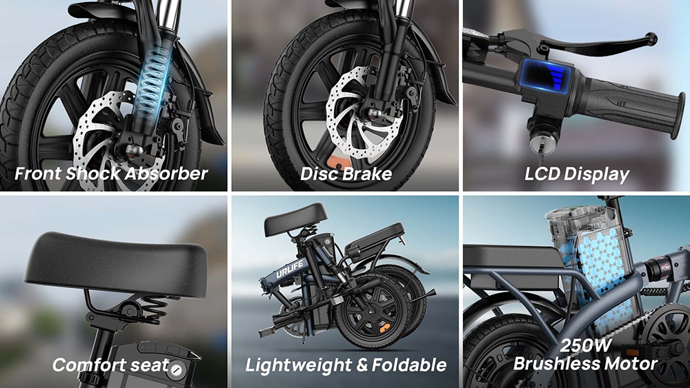 URLIFE F1L Skladací elektrický bicykel, 250W motor, 48V 7.5Ah batéria, 14 palcové pneumatiky, max. rýchlosť 25km/h, dojazd 60km, kotúčové brzdy, predný & stredový tlmič, LCD displej - čierny