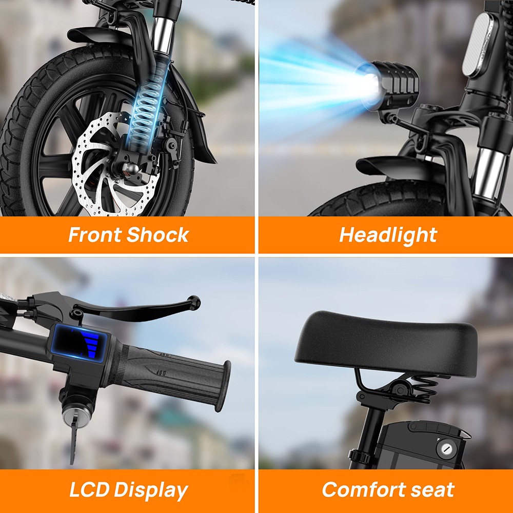 URLIFE F1L Skladací elektrický bicykel, 250W motor, 48V 7.5Ah batéria, 14 palcové pneumatiky, max. rýchlosť 25km/h, dojazd 60km, kotúčové brzdy, predný & stredový tlmič, LCD displej - čierny