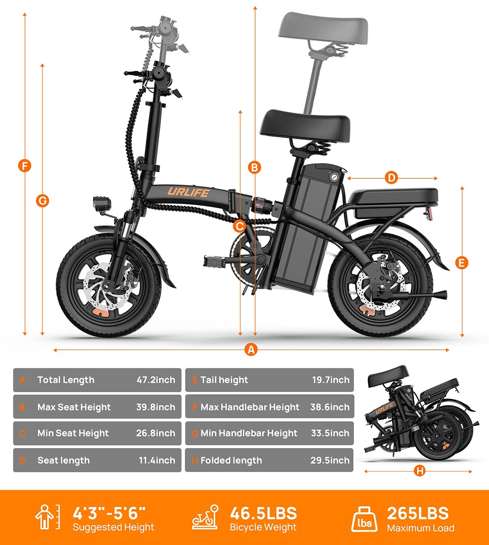 URLIFE F1L Skladací elektrický bicykel, 250W motor, 48V 7.5Ah batéria, 14 palcové pneumatiky, max. rýchlosť 25km/h, dojazd 60km, kotúčové brzdy, predný & stredový tlmič, LCD displej - čierny