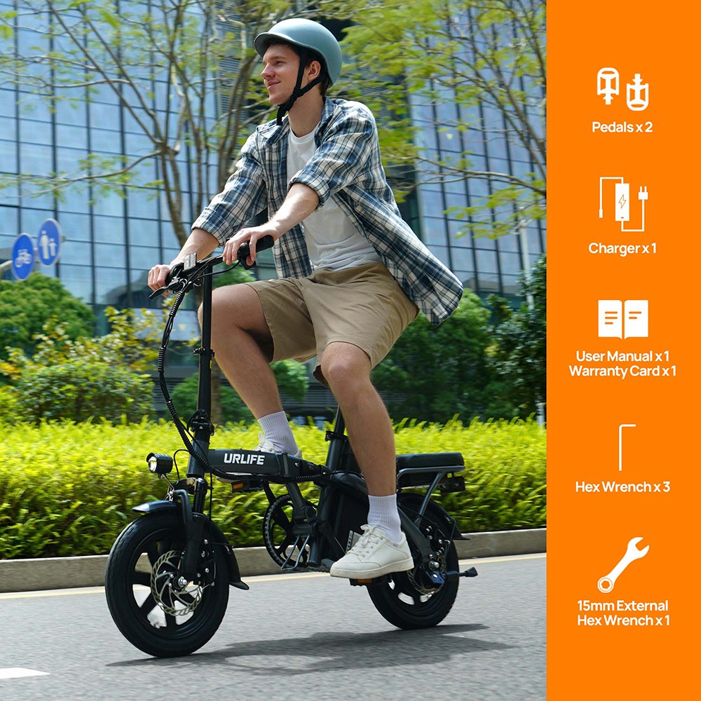 URLIFE F1L Skladací elektrický bicykel, 250W motor, 48V 7.5Ah batéria, 14 palcové pneumatiky, max. rýchlosť 25km/h, dojazd 60km, kotúčové brzdy, predný & stredný tlmič, LCD displej - sivý