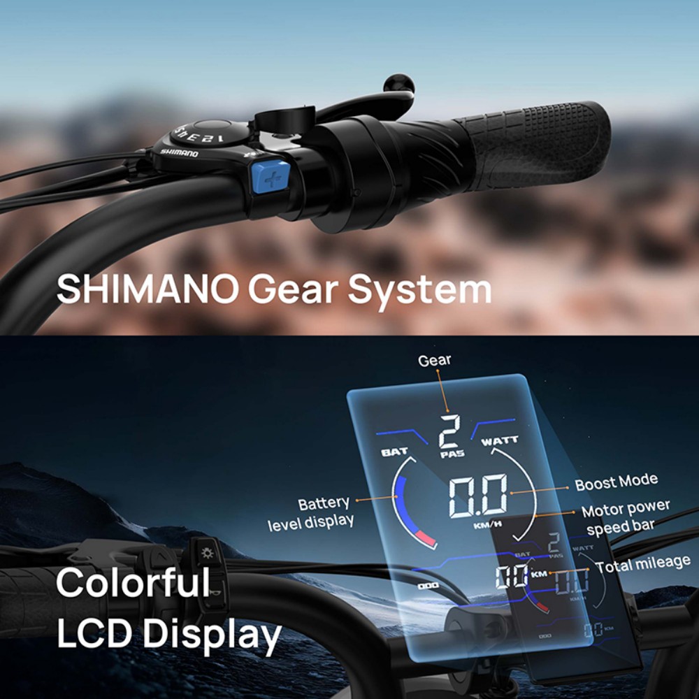 URLIFE T2 Electric Bike, 500W Motor, 48V 15.6Ah batéria, 20*4.0 palcové pneumatiky, max. rýchlosť 25 km/h, dojazd 160 km, dvojkotúčové brzdy, plné odpruženie, 7-rýchlostný prevod Shimano - čierny