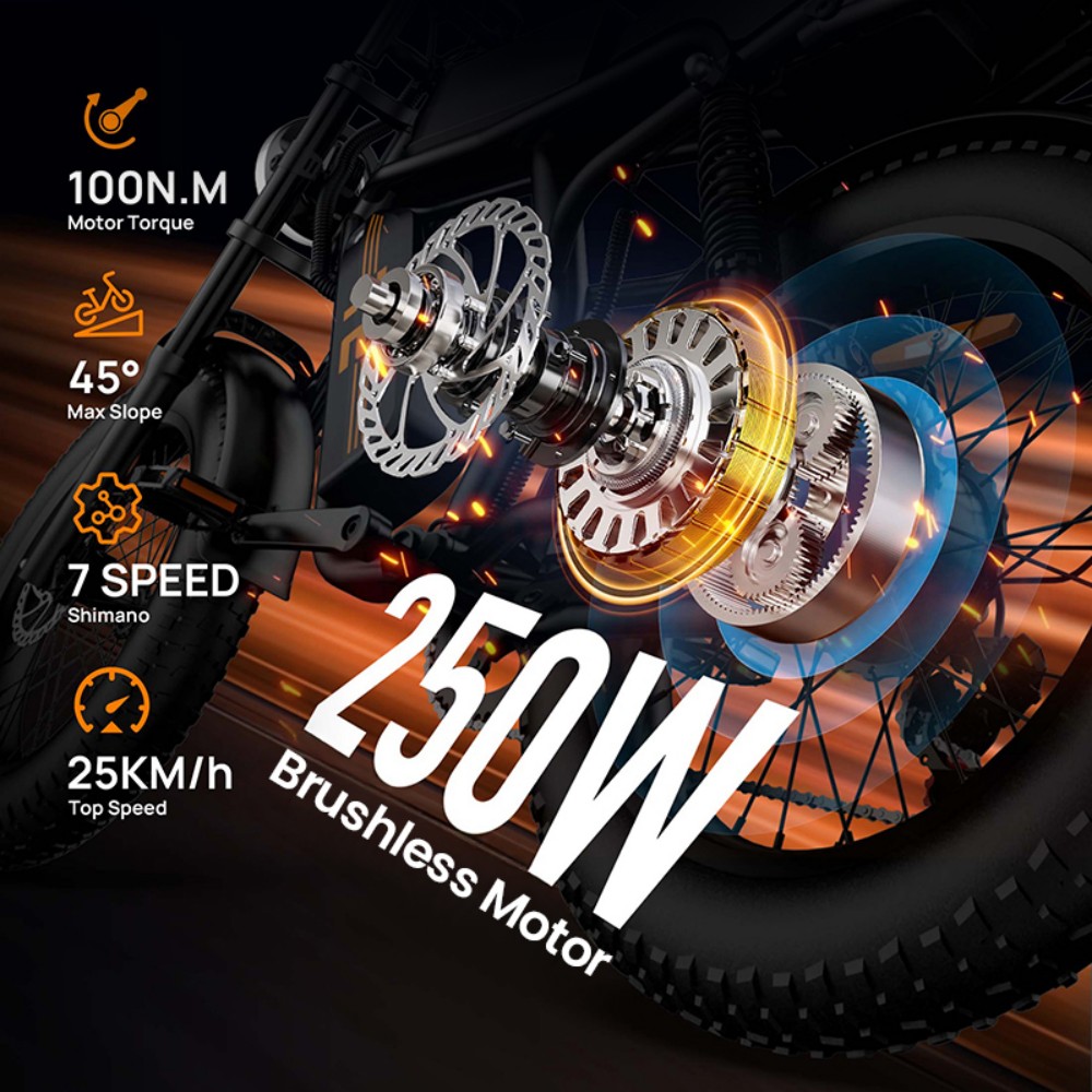 URLIFE T2 Electric Bike, 500W Motor, 48V 15,6Ah Battery, 20*4.0 palcové pneumatiky, max. rýchlosť 25km/h, dojazd 160km, dvojkotúčové brzdy, plné odpruženie, 7-rýchlostný prevod Shimano - čierny