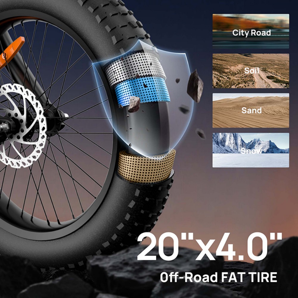 URLIFE T2 Electric Bike, 500W motor, 48V 15,6Ah batéria, 20*4.0 palcové pneumatiky, max. rýchlosť 25 km/h, dojazd 160 km, dvojkotúčové brzdy, plné odpruženie, 7-stupňová prevodovka Shimano - hnedá