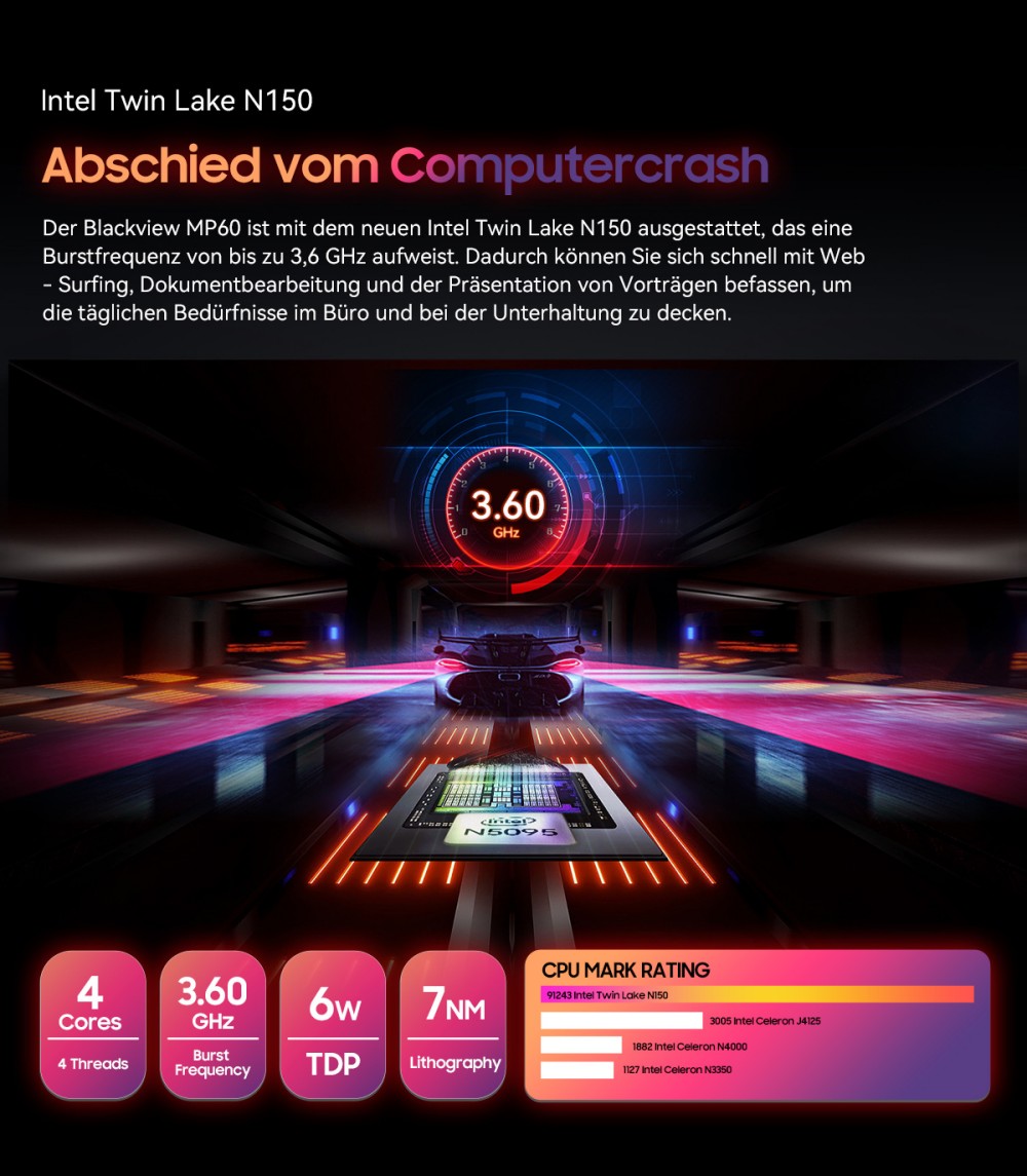 Blackview MP60 Mini-PC, Intel N150 4 Kerne, max. 3,6 GHz, 16 GB RAM, 1 TB SSD, 2 x HDMI Dual-Screen-Display, Dualband-WLAN, Bluetooth 4.2, 2 x USB 2.0, 2 x USB 3.0, 1 x RJ45, 1 x Kopfh&ouml;reranschluss