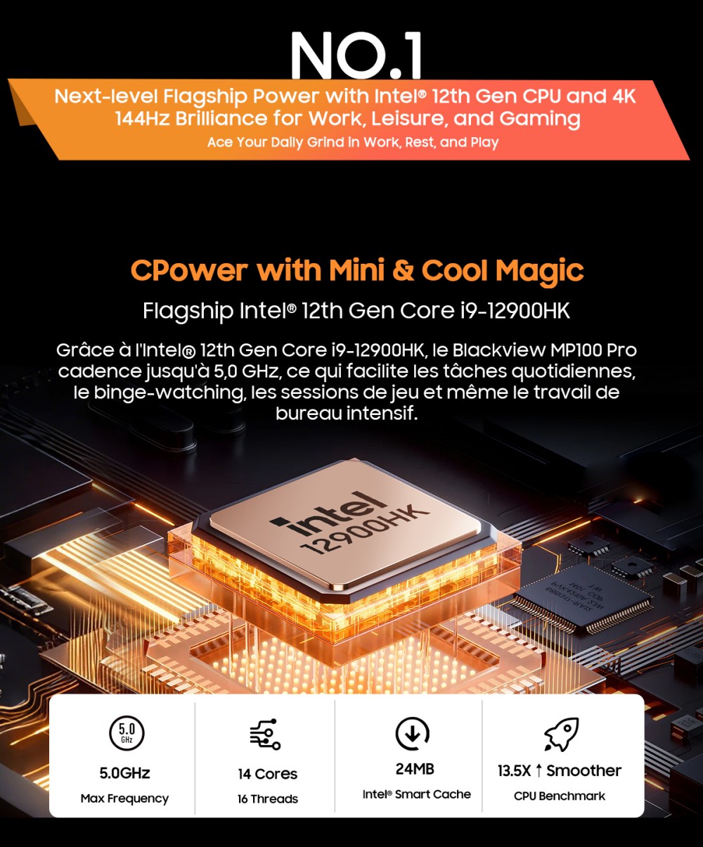 Blackview MP100 Pro Mini PC, Intel i9-12900HK 14 cœurs, jusqu'à 5,0 GHz, 16 Go de RAM, 1 To de SSD, triple affichage 4K HDMI+DP+USB-C, WiFi 6 Bluetooth 5.2, 4 ports USB 3.2 Gen 1 Type-A, 2 ports USB 3.2 Gen 2 Type-A, 1 port RJ45, 1 prise audio