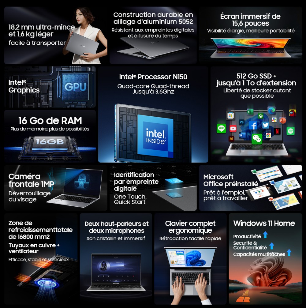 Blackview AceBook 8 Ordinateur portable, écran IPS 15,6 pouces 1920*1080, processeur Intel N150, 16 Go de RAM, 512 Go de SSD, 2*USB 3.0, 1*USB 2.0, 1*USB-C, 1*HDMI 2.0, 1*prise audio, 1*emplacement pour carte MicroSD, batterie 38Wh, charge 36W.