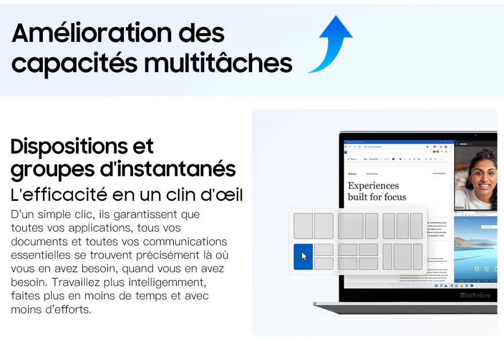 Blackview AceBook 8 Ordinateur portable, écran IPS 15,6 pouces 1920*1080, processeur Intel N150, 16 Go de RAM, 512 Go de SSD, 2*USB 3.0, 1*USB 2.0, 1*USB-C, 1*HDMI 2.0, 1*prise audio, 1*emplacement pour carte MicroSD, batterie 38Wh, charge 36W.