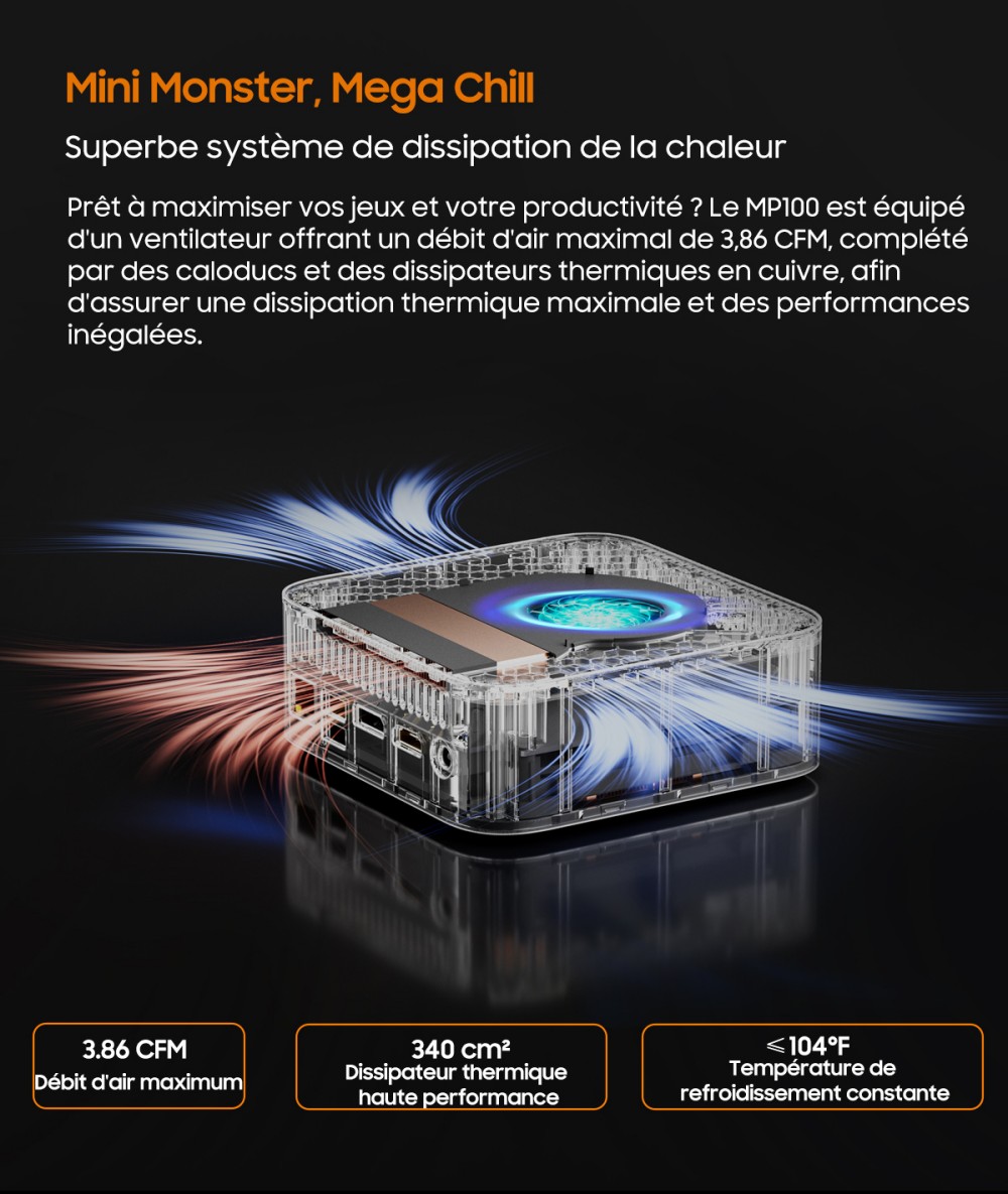 Blackview MP100 Mini PC, AMD Ryzen 7 7430U 6 cœurs, jusqu'à 4,3 GHz, 16 Go de RAM, 512 Go de SSD, triple affichage DP+HDMI+Type-C, WiFi 6 Bluetooth 5.2, 2*Type-C entièrement fonctionnels, 2*USB 3.2, 1*USB 2.0, 1*RJ45, 1*prise audio