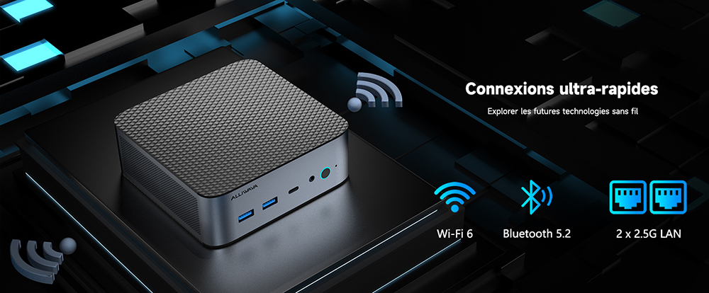 ALLIWAVA H90 Pro Mini PC, AMD Ryzen 7 8745HS 8 c&oelig;urs (4,9 GHz max.), 16 Go de RAM DDR5, SSD 1 To, triple &eacute;cran (HDMI + DP + USB-C), Wi-Fi 6, Bluetooth 5.2, 4 ports USB 3.2, 2 ports RJ45 2,5 GHz, 1 prise audio professionnelle