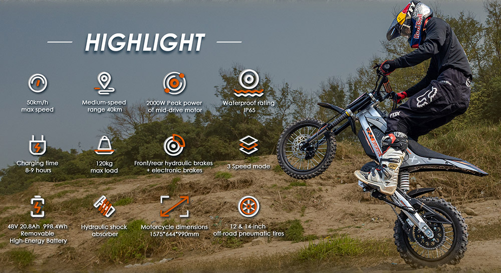 Kukirin X1 Motocyclette Électrique, Moteur 1000W, Batterie 48V 20.8Ah, Pneus Avant de 14 Pouces et Arrière de 12 Pouces, Vitesse Maximale de 50 km/h, Autonomie de 40 km, Freins Hydrauliques Avant et Arrière, Absorption des Chocs Hydrauliques