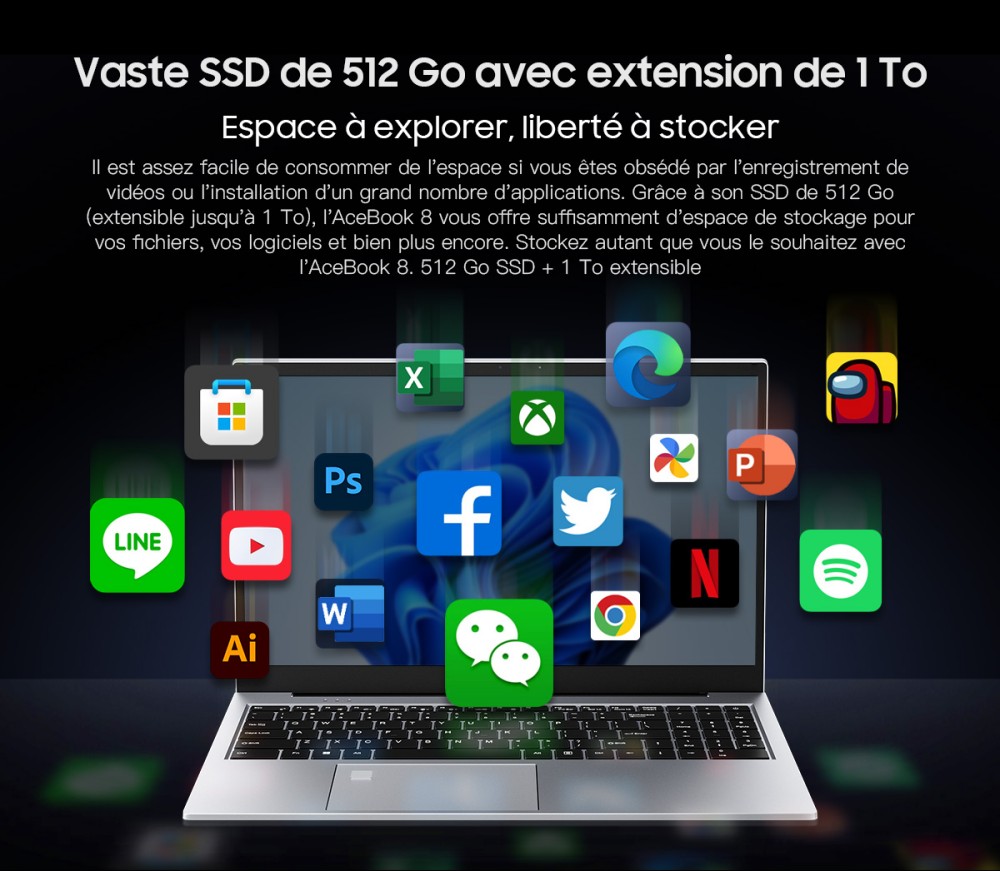 Blackview AceBook 8 Ordinateur portable, écran IPS 15,6 pouces 1920*1080, processeur Intel N150, 16 Go de RAM, 512 Go de SSD, 2*USB 3.0, 1*USB 2.0, 1*USB-C, 1*HDMI 2.0, 1*prise audio, 1*emplacement pour carte MicroSD, batterie 38Wh, charge 36W.