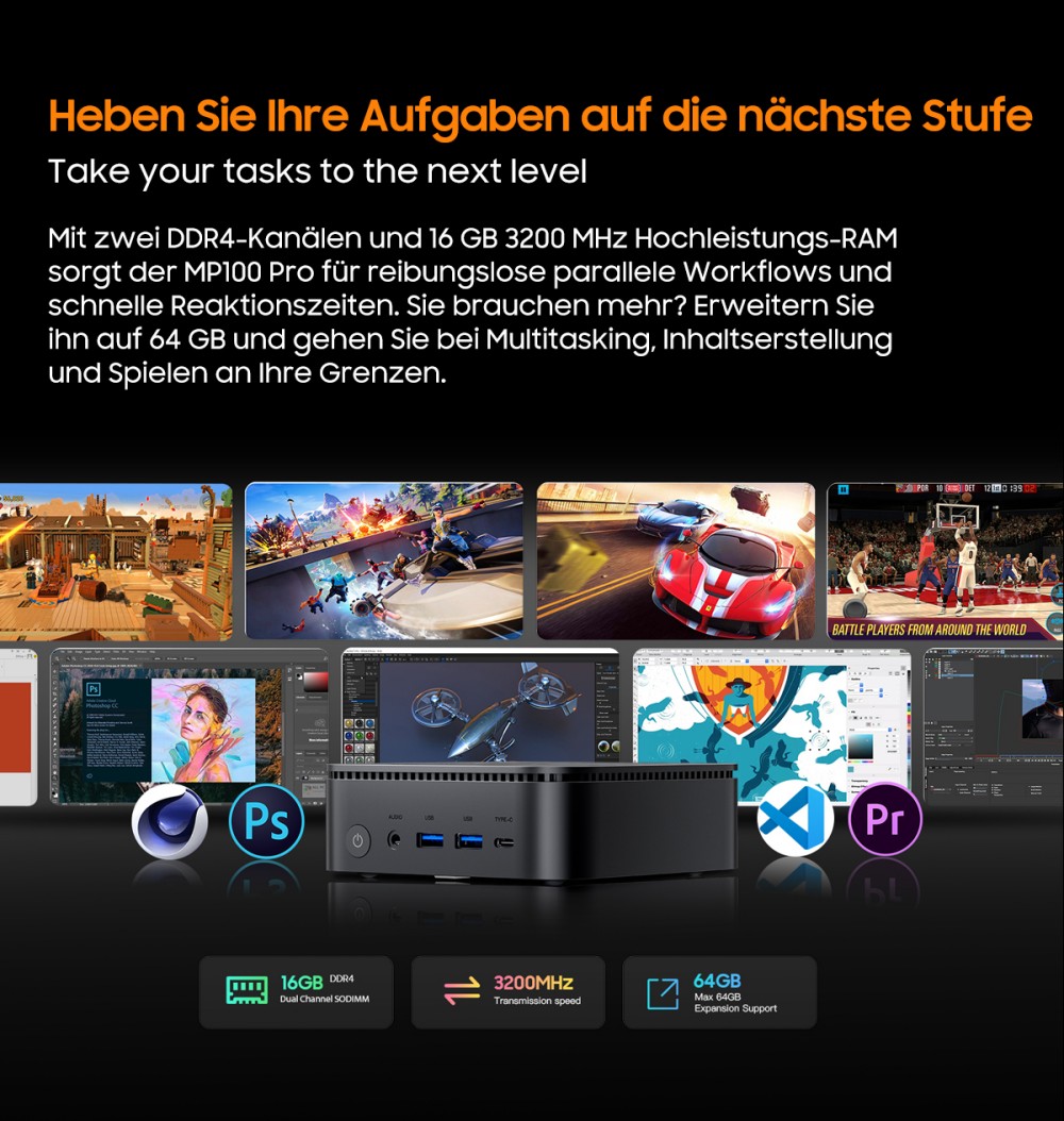 Blackview MP100 Pro Mini-PC, Intel i9-12900HK 14 Kerne, max. 5,0 GHz, 16 GB RAM, 1 TB SSD, HDMI+DP+USB-C Dreifach-4K-Display, WiFi 6 Bluetooth 5.2, 4*USB 3.2 Gen 1 Typ-A, 2*USB 3.2 Gen 2 Typ-A, 1*RJ45, 1*Audio-Buchse
