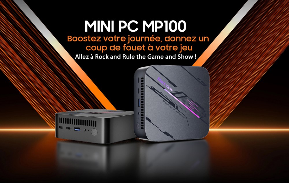 Blackview MP100 Mini PC, AMD Ryzen 7 7430U 6 cœurs, jusqu'à 4,3 GHz, 16 Go de RAM, 512 Go de SSD, triple affichage DP+HDMI+Type-C, WiFi 6 Bluetooth 5.2, 2*Type-C entièrement fonctionnels, 2*USB 3.2, 1*USB 2.0, 1*RJ45, 1*prise audio