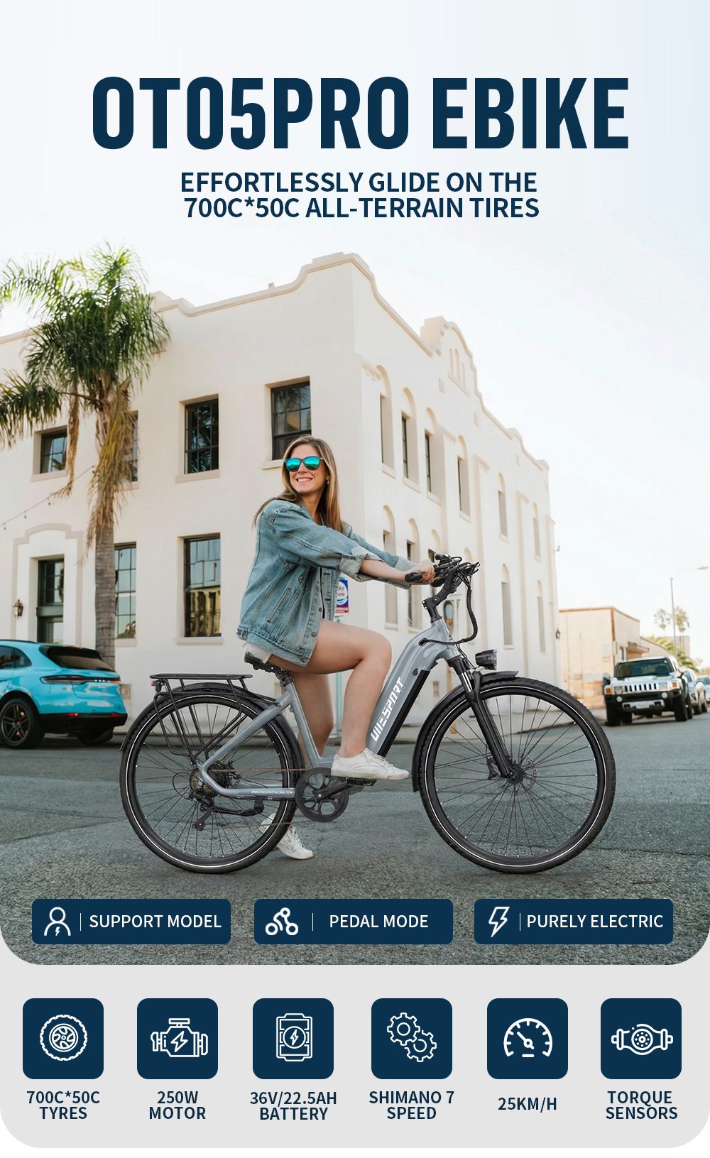 ONESPORT OT05 Pro Elektrofahrrad, 250W Motor, 36V 22,5Ah Akku, 700 x 50C-Reifen, 25 km/h H&ouml;chstgeschwindigkeit, 140 km Reichweite, hydraulische Scheibenbremsen, Vorderradgabel mit Federung, Shimano 7-Gang-Schaltung &ndash; Grau