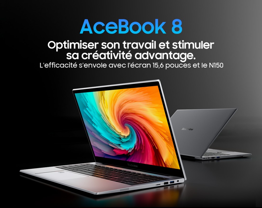 Blackview AceBook 8 Ordinateur portable, écran IPS 15,6 pouces 1920*1080, processeur Intel N150, 16 Go de RAM, 512 Go de SSD, 2*USB 3.0, 1*USB 2.0, 1*USB-C, 1*HDMI 2.0, 1*prise audio, 1*emplacement pour carte MicroSD, batterie 38Wh, charge 36W.