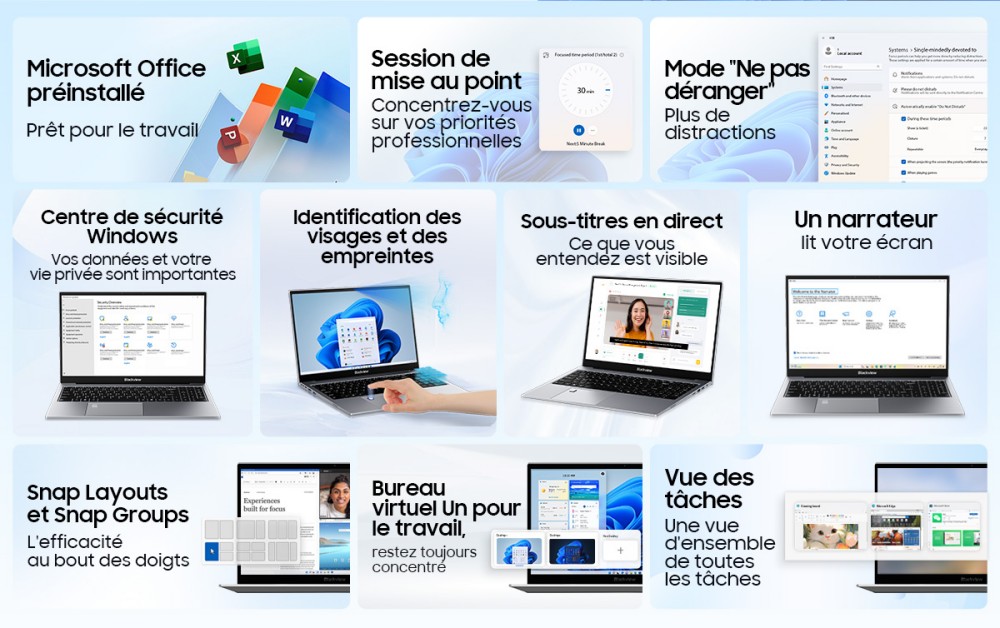 Blackview AceBook 8 Ordinateur portable, écran IPS 15,6 pouces 1920*1080, processeur Intel N150, 16 Go de RAM, 512 Go de SSD, 2*USB 3.0, 1*USB 2.0, 1*USB-C, 1*HDMI 2.0, 1*prise audio, 1*emplacement pour carte MicroSD, batterie 38Wh, charge 36W.