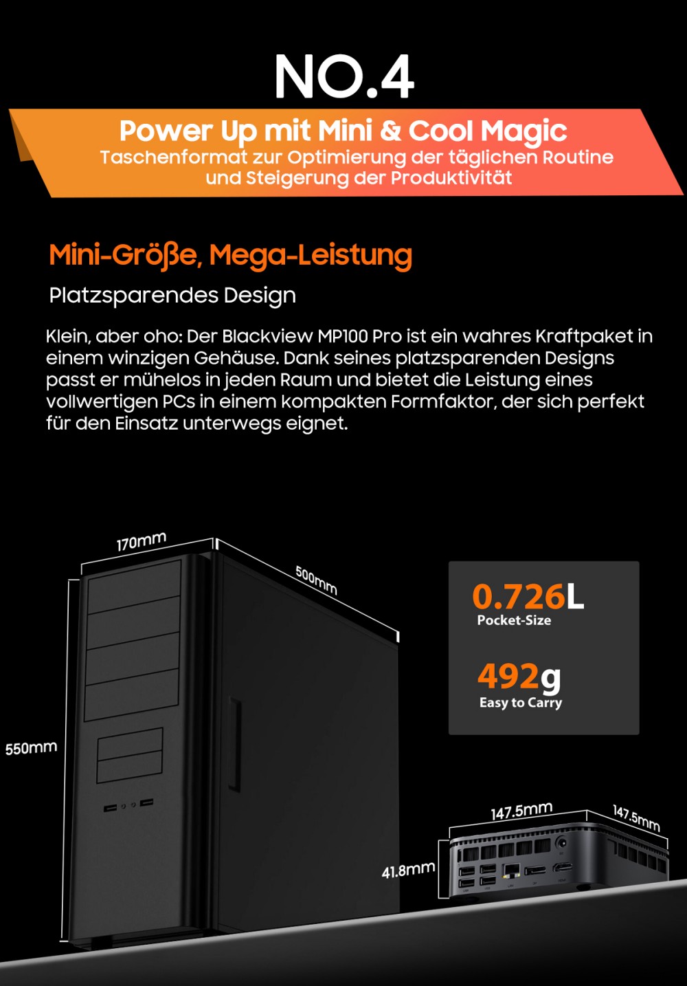 Blackview MP100 Pro Mini-PC, Intel i9-12900HK 14 Kerne, max. 5,0 GHz, 16 GB RAM, 1 TB SSD, HDMI+DP+USB-C Dreifach-4K-Display, WiFi 6 Bluetooth 5.2, 4*USB 3.2 Gen 1 Typ-A, 2*USB 3.2 Gen 2 Typ-A, 1*RJ45, 1*Audio-Buchse