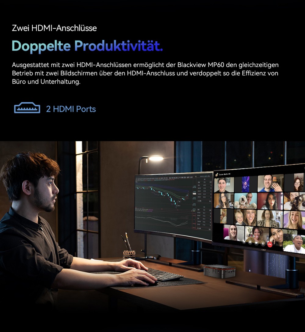 Blackview MP60 Mini-PC, Intel N150 4 Kerne, max. 3,6 GHz, 16 GB RAM, 1 TB SSD, 2 x HDMI Dual-Screen-Display, Dualband-WLAN, Bluetooth 4.2, 2 x USB 2.0, 2 x USB 3.0, 1 x RJ45, 1 x Kopfh&ouml;reranschluss