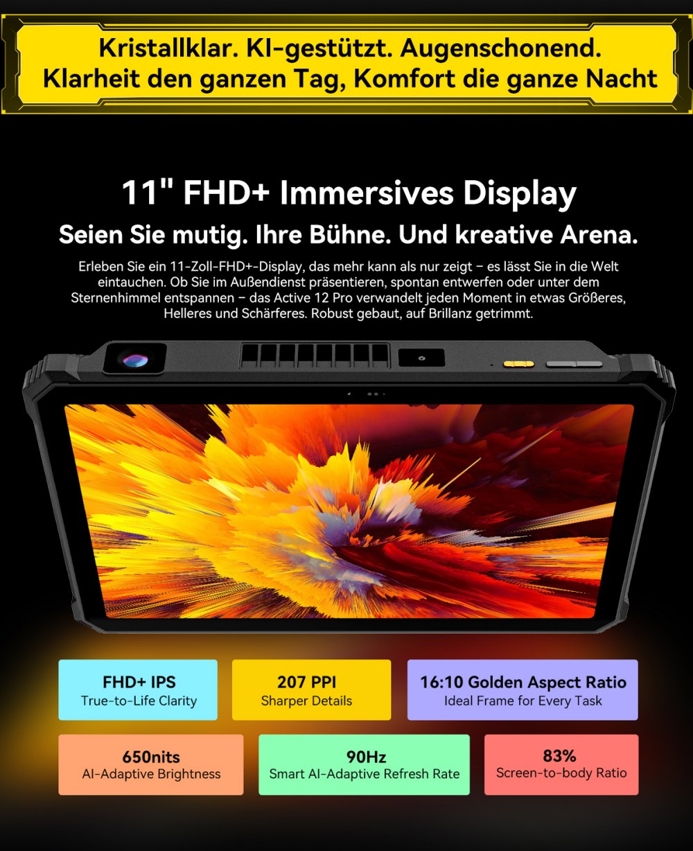Blackview Active 12 Pro 5G Projektor AI Rugged Tablet, 200LM 120 Zoll 1080P Projektion, Android 15, 11 Zoll 1920*1200 IPS Bildschirm, MT6878 8 Kerne, 12GB + 24GB Erweiterungs-RAM 256GB ROM, 30000mAh Akku, 120W Schnellladung, 50MP+108MP Kamera, WiFi 6E
