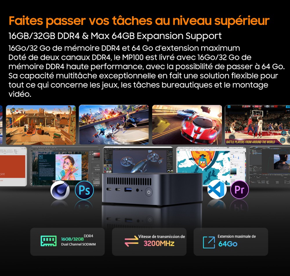 Blackview MP100 Mini PC, AMD Ryzen 7 7430U 6 cœurs, jusqu'à 4,3 GHz, 16 Go de RAM, 512 Go de SSD, triple affichage DP+HDMI+Type-C, WiFi 6 Bluetooth 5.2, 2*Type-C entièrement fonctionnels, 2*USB 3.2, 1*USB 2.0, 1*RJ45, 1*prise audio