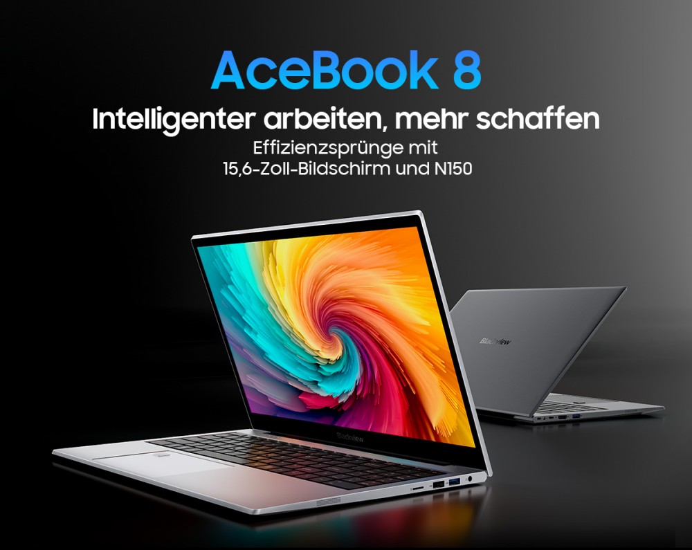 Blackview AceBook 8 Laptop, 15,6 Zoll 1920*1080 IPS-Bildschirm, Intel N150 4-Kern Max 3,6GHz, 16GB RAM 512GB SSD, Dual-Band WLAN Bluetooth 5.0, 2*USB 3.0 1*USB 2.0 1*USB-C 1*HDMI 2.0 1*Audiobuchse 1*MicroSD-Kartensteckplatz, 38Wh Akku 36W Ladegerät