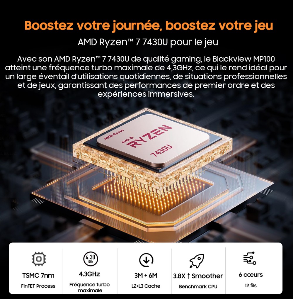 Blackview MP100 Mini PC, AMD Ryzen 7 7430U 6 cœurs, jusqu'à 4,3 GHz, 16 Go de RAM, 512 Go de SSD, triple affichage DP+HDMI+Type-C, WiFi 6 Bluetooth 5.2, 2*Type-C entièrement fonctionnels, 2*USB 3.2, 1*USB 2.0, 1*RJ45, 1*prise audio
