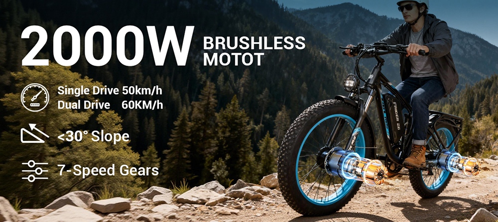 Orlms V3 Electric Bike, 1000W*2 Motor, 60V 25Ah Battery, 26*4.0 inch Tires, 26*4.0 inch Tires, 25km/h Max Speed, 120km Max Range, Hydraulic Brakes, Suspension Front Fork, 7-speed - Green