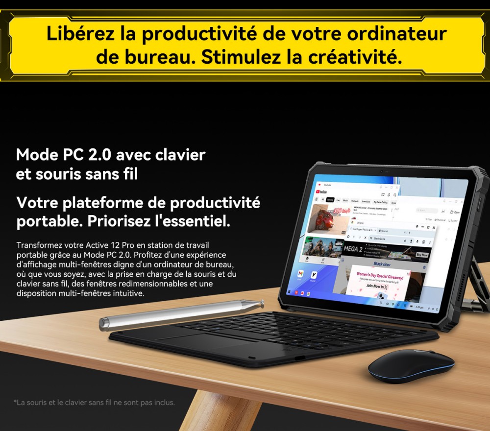 Blackview Active 12 Pro 5G Projecteur AI Tablette Robuste, Projection 1080P 120 pouces 200LM, Android 15, Écran IPS 11 pouces 1920*1200, MT6878 8 cœurs, 12 Go + 24 Go de RAM extensible, 256 Go de ROM, Batterie 30000 mAh, Charge rapide 120W, Caméra 50MP+108MP, Wi-Fi 6E