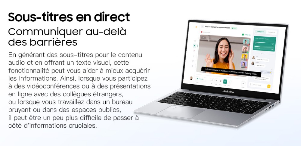 Blackview AceBook 8 Ordinateur portable, écran IPS 15,6 pouces 1920*1080, processeur Intel N150, 16 Go de RAM, 512 Go de SSD, 2*USB 3.0, 1*USB 2.0, 1*USB-C, 1*HDMI 2.0, 1*prise audio, 1*emplacement pour carte MicroSD, batterie 38Wh, charge 36W.