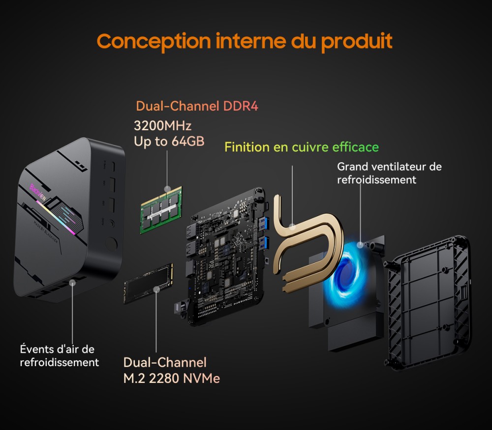 Blackview MP100 Pro Mini PC, Intel i9-12900HK 14 cœurs, jusqu'à 5,0 GHz, 16 Go de RAM, 1 To de SSD, triple affichage 4K HDMI+DP+USB-C, WiFi 6 Bluetooth 5.2, 4 ports USB 3.2 Gen 1 Type-A, 2 ports USB 3.2 Gen 2 Type-A, 1 port RJ45, 1 prise audio