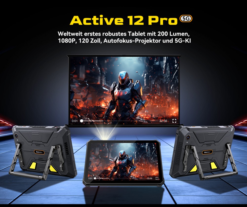 Blackview Active 12 Pro 5G Projektor AI Rugged Tablet, 200LM 120 Zoll 1080P Projektion, Android 15, 11 Zoll 1920*1200 IPS Bildschirm, MT6878 8 Kerne, 12GB + 24GB Erweiterungs-RAM 256GB ROM, 30000mAh Akku, 120W Schnellladung, 50MP+108MP Kamera, WiFi 6E