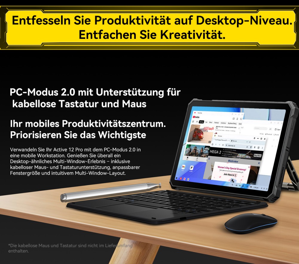 Blackview Active 12 Pro 5G Projektor AI Rugged Tablet, 200LM 120 Zoll 1080P Projektion, Android 15, 11 Zoll 1920*1200 IPS Bildschirm, MT6878 8 Kerne, 12GB + 24GB Erweiterungs-RAM 256GB ROM, 30000mAh Akku, 120W Schnellladung, 50MP+108MP Kamera, WiFi 6E