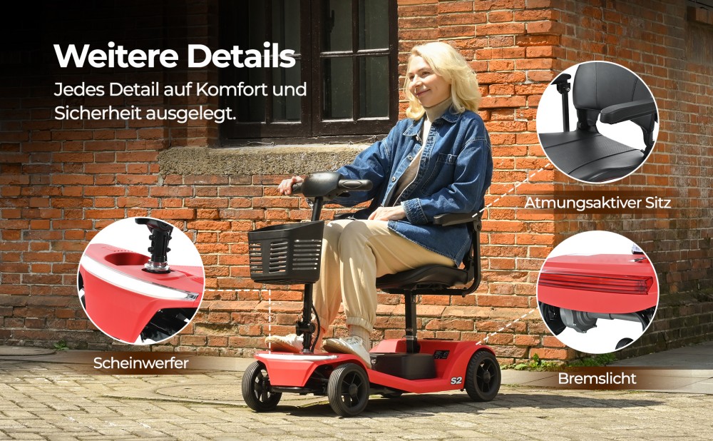 Sweetrich S2 Mobilit&auml;tsroller, 250W Motor, 24V 12Ah Batterie, 6 km/h H&ouml;chstgeschwindigkeit, 15 km Reichweite - Rot