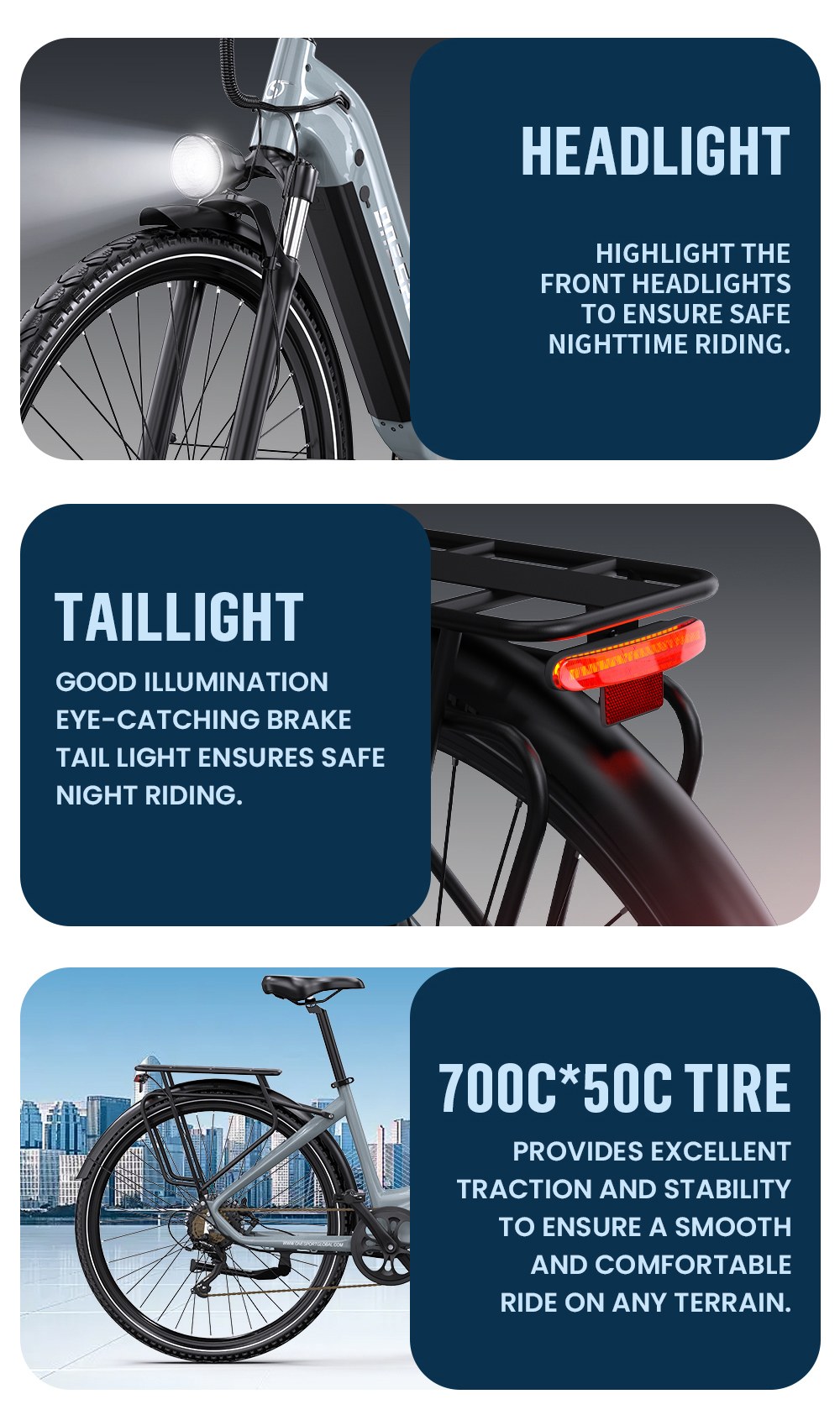 Onesport OT05 Pro V&eacute;lo &eacute;lectrique, moteur 250 W, batterie 36 V 22,5 Ah, pneus 700 x 50 C, vitesse maximale 25 km/h, autonomie 140 km, freins &agrave; disque hydrauliques, fourche &agrave; suspension avant, transmission Shimano 7 vitesses - Gris