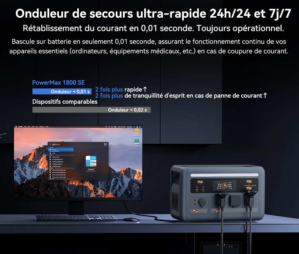 Blackview Oscal PowerMax 1800 SE Station d&rsquo;&Eacute;nergie Portable, Batterie LiFePO₄ 1024Wh, 1800W Puissance Nominale / 3600W Puissance de Cr&ecirc;te, 10 Sorties, Charge Rapide Solaire 800W & AC 700W, UPS 0,01s, pour Ext&eacute;rieur & Secours Domestique