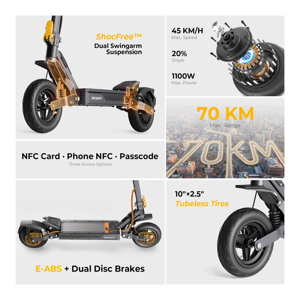 Ausom Gosoul 2 Elektroroller, 800W-Motor, 48V 13Ah-Akku, 10-Zoll-Reifen, 45 km/h H&ouml;chstgeschwindigkeit, 70 km Reichweite, vordere und hintere Scheibenbremsen, doppelte vordere Federung, NFC-Entsperrung