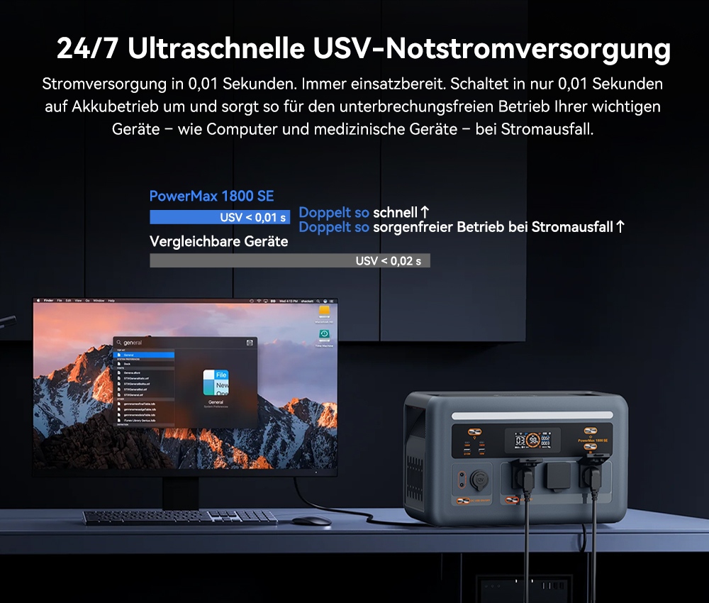 Blackview Oscal PowerMax 1800 SE Tragbare Powerstation, 1024Wh LiFePO₄ Akku, 1800W Nennleistung / 3600W Spitzenleistung, 10 Ausg&auml;nge, 800W Solar- & 700W AC-Schnellladung, 0,01s USV, Reine Sinuswelle, f&uuml;r Outdoor & Heim-Notstrom