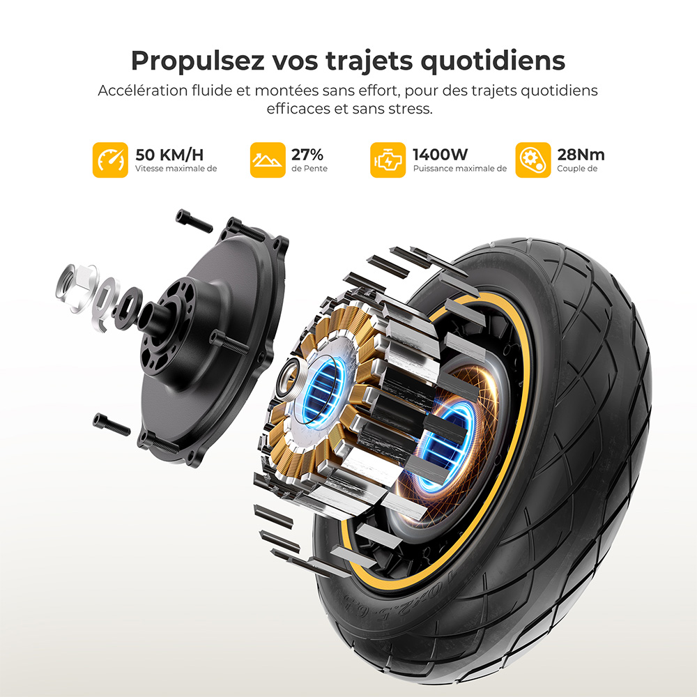 Ausom K20 Pro Trotinette &Eacute;lectrique, Moteur 1000W, Batterie 48V 18Ah, Pneus 10 pouces, Vitesse maximale 50 km/h, Autonomie 90 km, Freins &agrave; disques avant et arri&egrave;re, Double suspension avant, D&eacute;verrouillage NFC