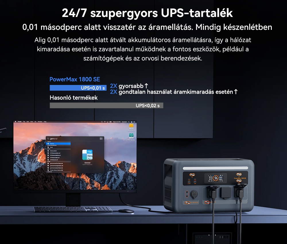 Blackview Oscal PowerMax 1800 SE Hordozhat&oacute; Erőmű, 1024Wh LiFePO₄ Akkumul&aacute;tor, 1800W N&eacute;vleges / 3600W Cs&uacute;csteljes&iacute;tm&eacute;ny, 800W Napelemes &eacute;s 700W AC Gyors T&ouml;lt&eacute;s, 0,01s UPS, Tiszta Szinuszhull&aacute;m, K&uuml;lt&eacute;ri &eacute;s Otthoni Haszn&aacute;latra