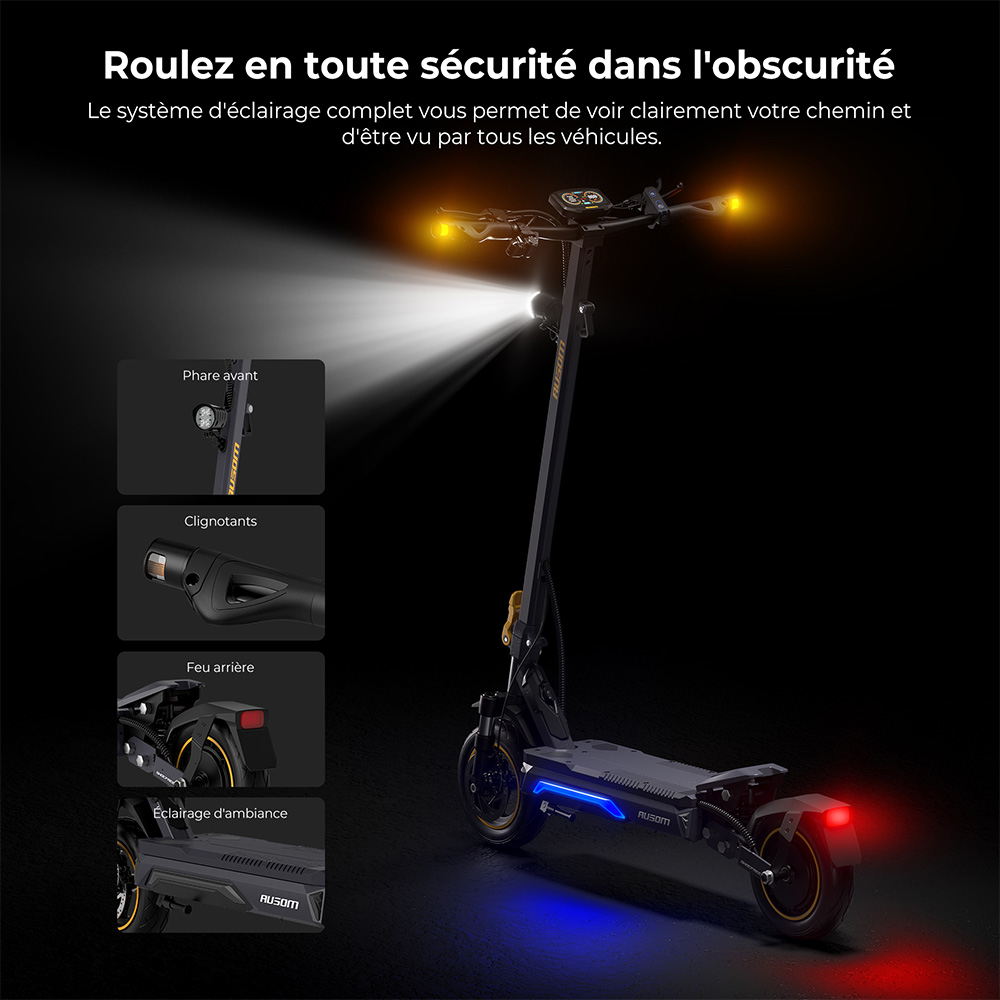 Ausom K20 Pro Trotinette &Eacute;lectrique, Moteur 1000W, Batterie 48V 18Ah, Pneus 10 pouces, Vitesse maximale 50 km/h, Autonomie 90 km, Freins &agrave; disques avant et arri&egrave;re, Double suspension avant, D&eacute;verrouillage NFC