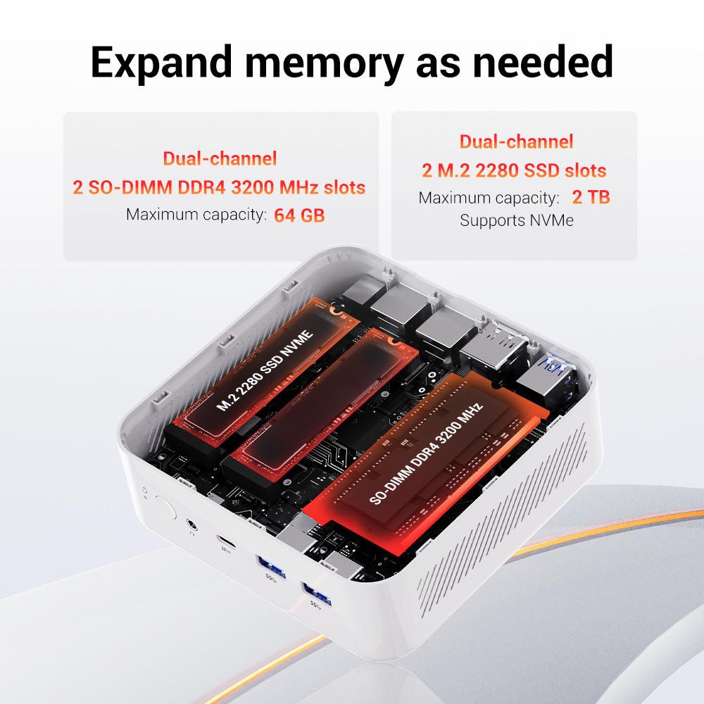 Mini PC FIREBAT AM02, processeur AMD Ryzen 5 7430U 6 c&oelig;urs jusqu'&agrave; 4,3 GHz, 64 Go de RAM DDR4, SSD de 2 To, carte graphique AMD Radeon, triple affichage 4K, double port RJ45 2,5 GHz, Wi-Fi 6 et Bluetooth 5.2.