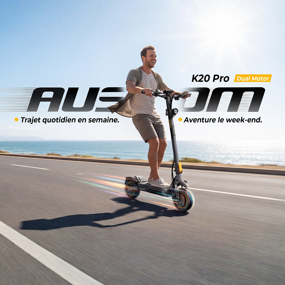 Ausom K20 Pro Trottinette &Eacute;lectrique Double Moteur, Moteur 1000W*2, Batterie 48V 18Ah, Pneus 10 pouces, Vitesse Maximale 60km/h, Autonomie 90km, Freins &agrave; Disque Avant & Arri&egrave;re, Double Suspension Avant, D&eacute;verrouillage NFC