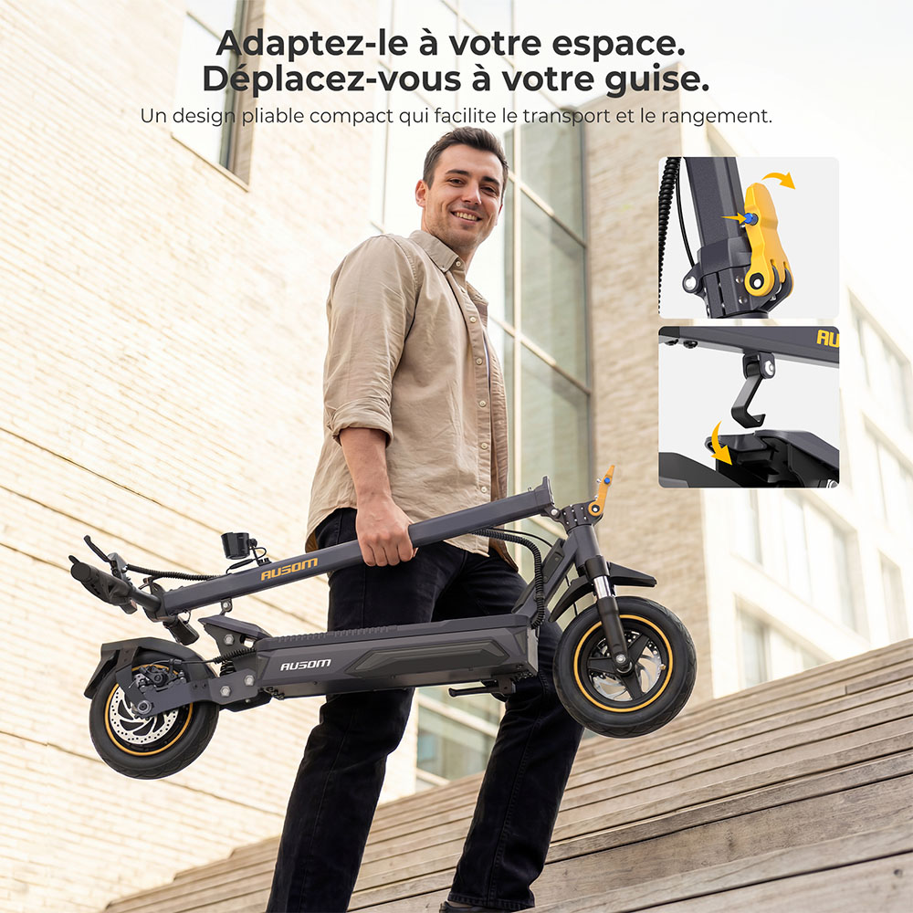 Ausom K20 Pro Trotinette &Eacute;lectrique, Moteur 1000W, Batterie 48V 18Ah, Pneus 10 pouces, Vitesse maximale 50 km/h, Autonomie 90 km, Freins &agrave; disques avant et arri&egrave;re, Double suspension avant, D&eacute;verrouillage NFC