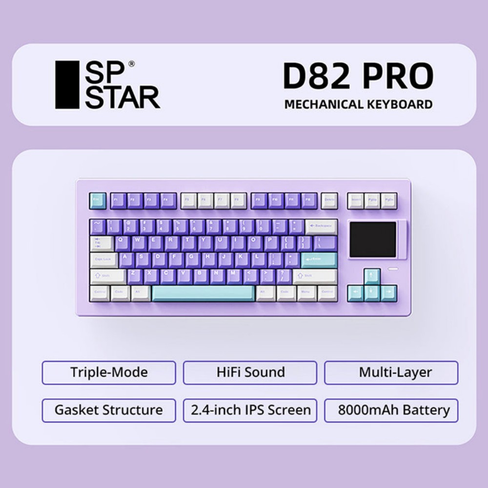 SP-STAR D82 PRO Wireless Mechanical Keyboard, 80% Compact Layout, Tri-Mode 2.4G/Bluetooth/USB-C, 2.4-Inch IPS Screen, Hot-Swappable White Switch V2 Linear, PBT Keycaps, RGB Backlight, Gasket Mount